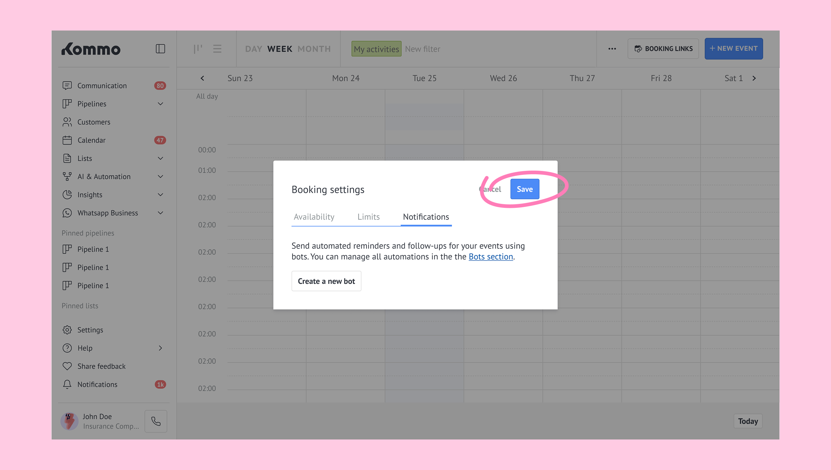 Booking settings interface showing options to save notifications and manage automations.